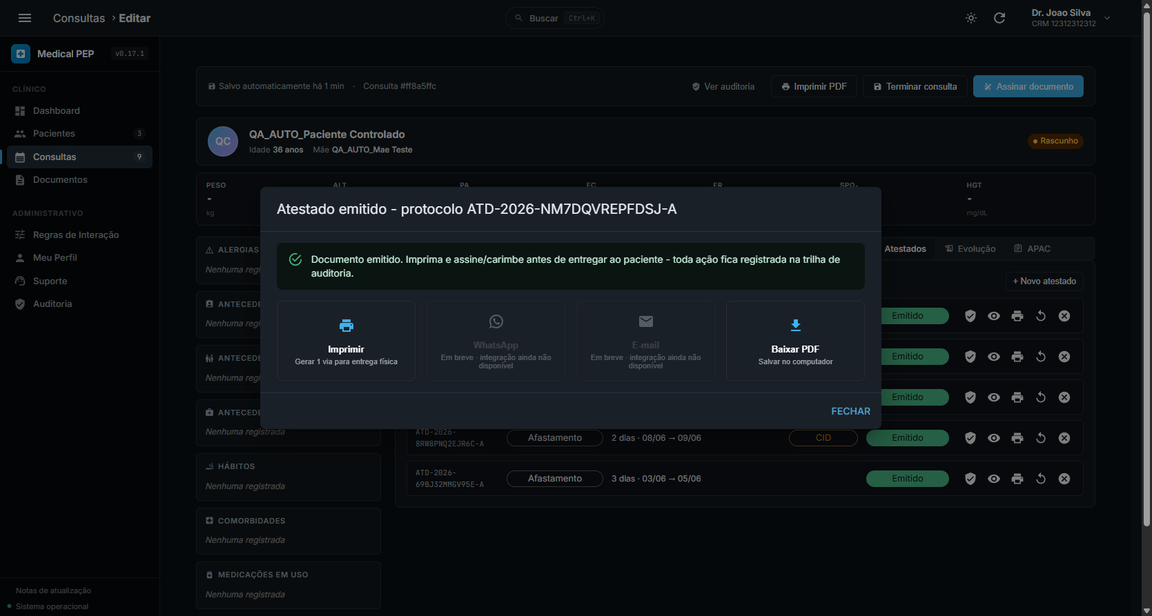 Atestado emitido com protocolo de validação