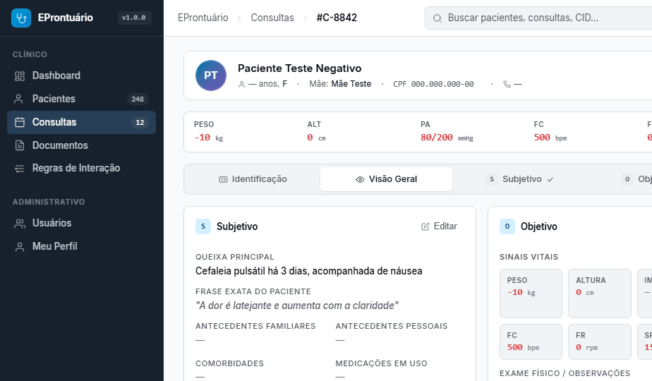Visão geral da consulta com abas SOAP e sinais vitais