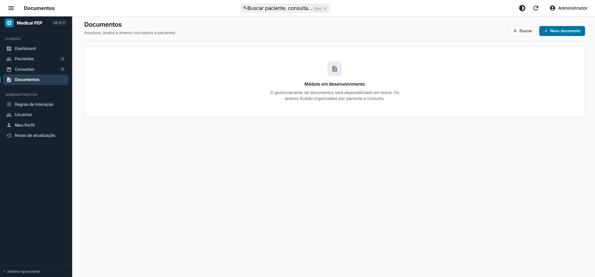 Índice de documentos com filtros por tipo e paciente