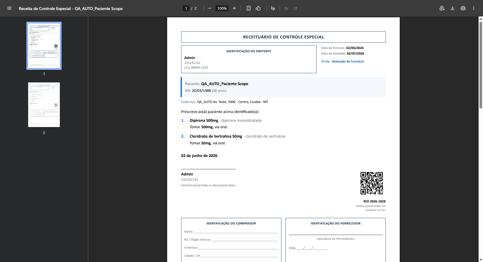 PDF do receituário de controle especial com QR Code